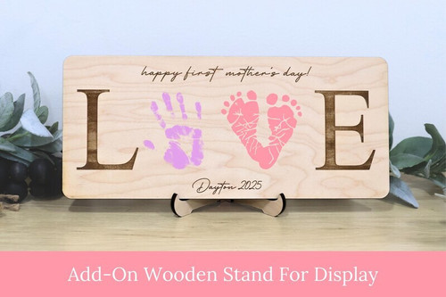 Baby’s First Mother’s Day handprint wood sign with footprint art, personalized with baby name and date, gift for new moms | Familywalldecor