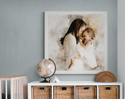 Mother and baby canvas art custom portrait, embrace in soft pastels, baptism gift for her, baby’s first birthday keepsake | Familywalldecor