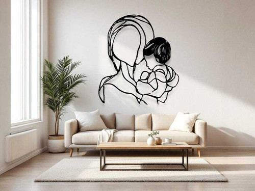 Mother and child metal wall art, minimalist mom and baby silhouette in matte black, horizontal design for living room decor | Family Wall Decor