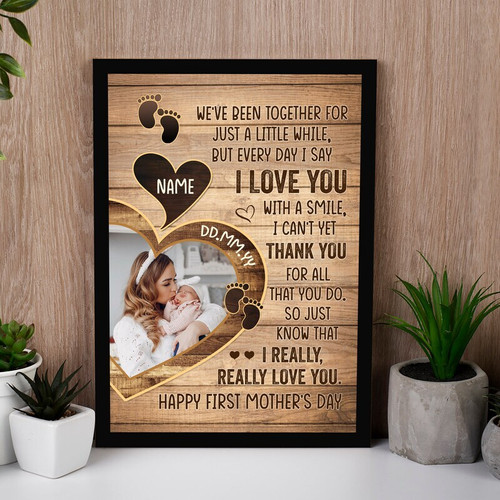 Heartfelt photo canvas for first Mother’s Day, custom baby photo, names and date, portrait layout, from baby and husband | Family Wall Decor