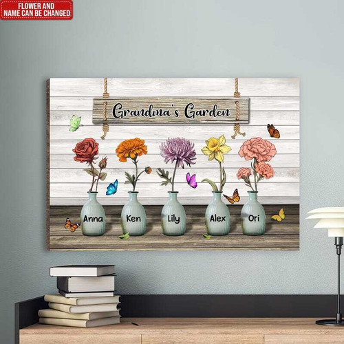 Grandma's Garden birth month flowers canvas, personalized with grandkids' names, watercolor floral wall art gift for Grandma | Familywalldecor