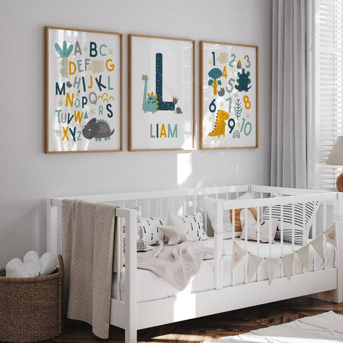 Alphabet dinosaur nursery canvas with A–Z letters and cute dinos, personalized with your child’s name for nursery wall decor | Family Wall Decor