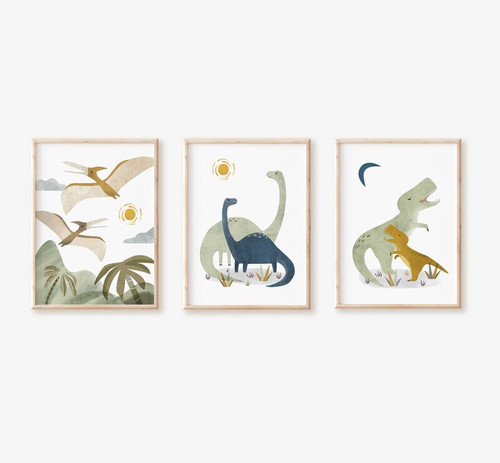 Dinosaur nursery art canvas with parent and baby brontosaurus in pastel watercolor, portrait, custom name for kids room. | Family Wall Decor