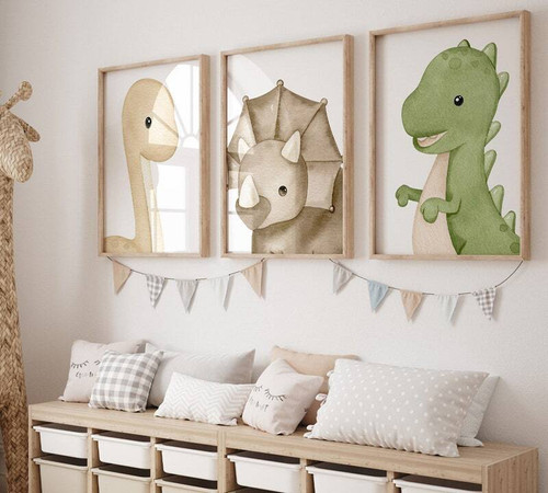 Cartoon dinosaur canvas wall art for baby boy nursery, featuring a cute dino illustration in soft pastel tones for calming decor | Family Wall Decor