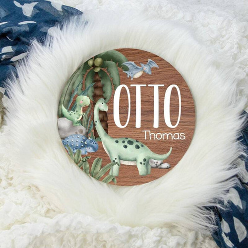 Dinosaur nursery round wood sign with personalized baby name and dino graphics, wooden plaque for newborn name announcement | Familywalldecor