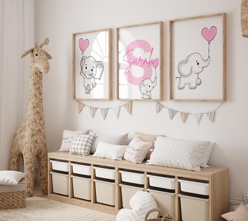 Elephant nursery canvas wall art in beige with custom name, personalized print for baby girl room, gentle neutral decor | Familywalldecor
