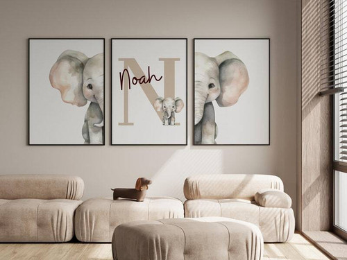Safari-Themed Elephant Nursery Canvas With Custom Baby Name For Nursery DéCor | Family Wall Decor