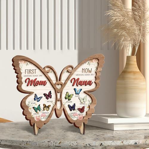 First Mom Now Grandma wooden sign, butterfly shape, personalized with names and date, engraved Mother’s Day gift for Grandma | Family Wall Decor