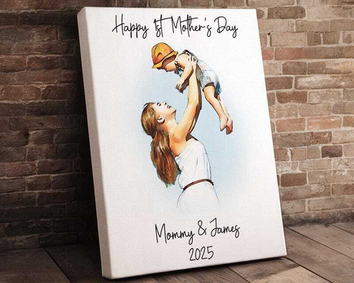 First Mother's Day canvas with a watercolor mom and baby portrait, personalized with names and date for living room wall decor | Familywalldecor