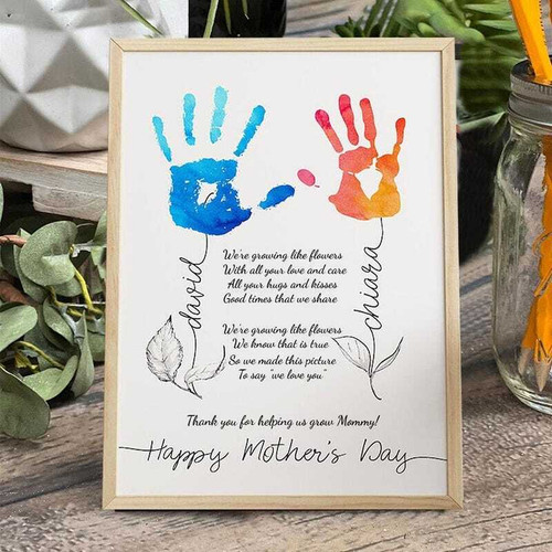 Mother's Day canvas with children's handprints and poem, personalized with kids' names and date, pastel watercolor portrait | Familywalldecor