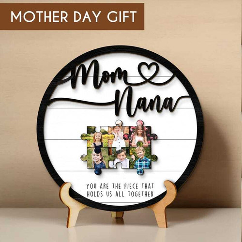 Mother's Day puzzle wood sign personalized with family photo and kids' names, rustic wall decor gift for Mom from the kids | Familywalldecor