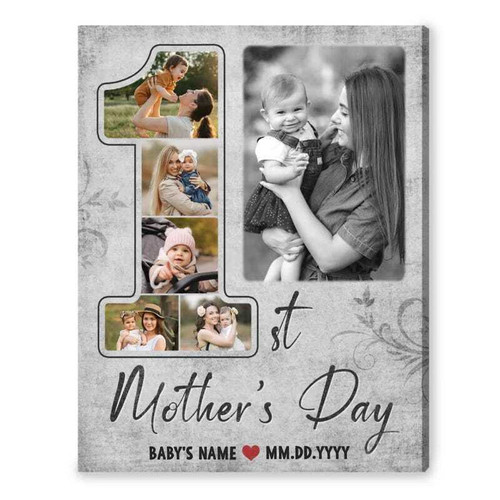First-time Mother’s Day photo collage canvas, personalized with baby photos, name and date to cherish new mom moments | Family Wall Decor