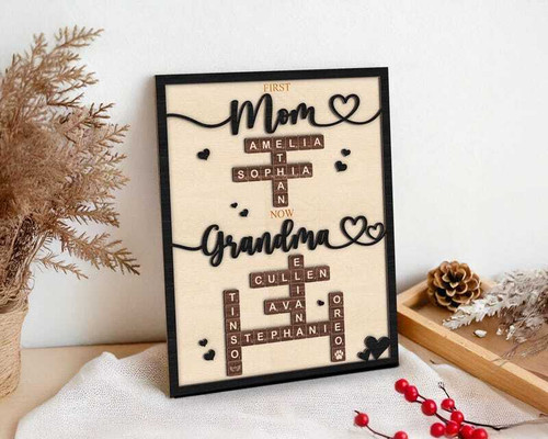 Heartfelt wooden puzzle sign with custom name pieces for Mom, ideal Mother's Day gift from kids, rustic light oak finish. | Family Wall Decor