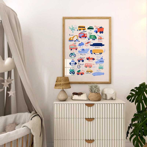 Vehicle alphabet nursery canvas in bright watercolor, personalized with child’s name; A–Z cars, trucks, planes for kids’ room | Family Wall Decor