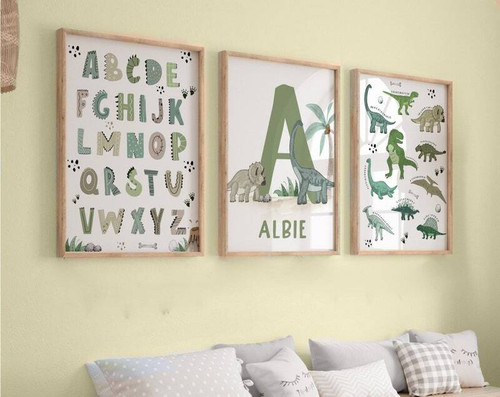Dinosaur ABC wall art canvas personalized with your boy’s name for nursery decor, playful alphabet dinosaurs A–Z. | Family Wall Decor