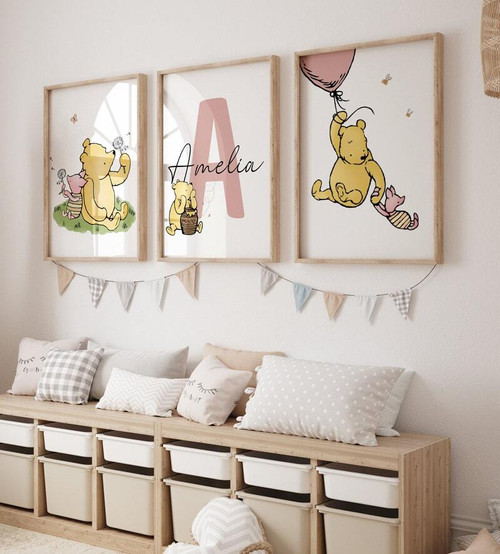 Winnie the Pooh nursery canvas set of 3 personalized wall art with child's name, cute kids decor for a baby's room | Family Wall Decor