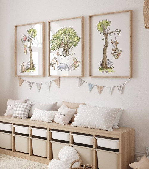 Classic Winnie the Pooh canvas art set of 3 prints for nursery wall decor in kids' room, soft storybook illustration style | Family Wall Decor