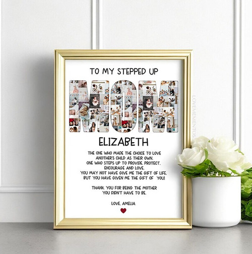 Heartfelt stepped up mom canvas gift from stepdaughter and stepson, portrait pink hearts for Valentine's or birthday | Family Wall Decor