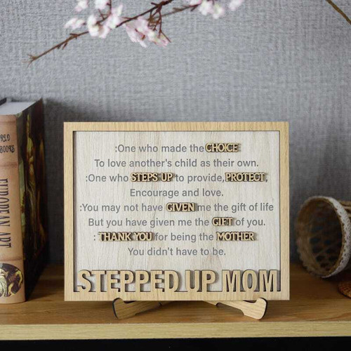 Stepped Up Mom wooden sign with 3D layered design for Mother's Day, a thoughtful stepmom gift for living room or entryway. | Familywalldecor