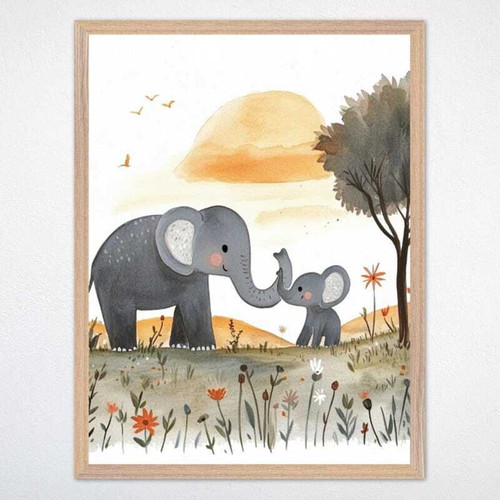 Affectionate mom and baby elephant nursery canvas wall art for gender-neutral kids room, safari animal decor in soft neutrals | Family Wall Decor