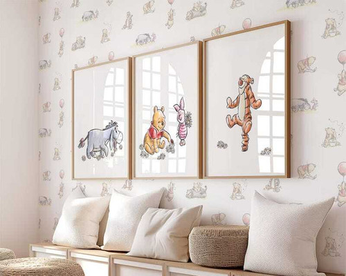 Winnie the Pooh nursery canvas set featuring gentle pastel art, soothing wall decor for a child's bedroom or baby nursery. | Family Wall Decor