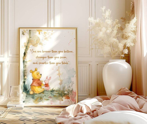 Winnie the Pooh inspirational quotes canvas, pastel yellow with Pooh and red balloon, portrait nursery wall decor for baby | Family Wall Decor
