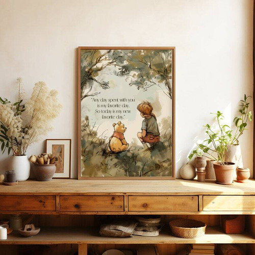 Winnie the Pooh canvas for nursery, vintage watercolor wall art with heartwarming quote in soft neutrals, landscape layout. | Family Wall Decor