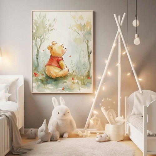 Winnie the Pooh watercolor canvas personalized with baby name for nursery wall decor, soft pastel palette, portrait orientation | Family Wall Decor