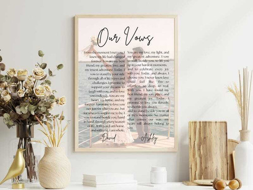 Minimalist wedding vow canvas wall art featuring his and hers vows in clean typography, an anniversary gift for couples | Family Wall Decor