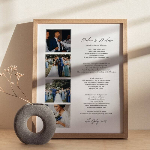 wedding vow canvas featuring personalized photo, names, and date in elegant script, first anniversary gift for her | Family Wall Decor