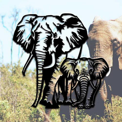 Elephant family metal sign wall art for living room decor, black powder-coated silhouette, horizontal layout, birthday gift | Family Wall Decor