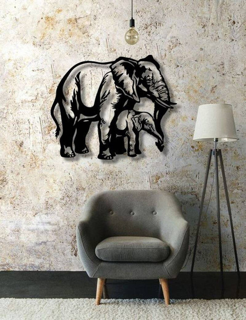 Elephant family metal sign, heartfelt silhouette wall art for safari-themed nursery decor, baby room wall hanging accent. | Family Wall Decor