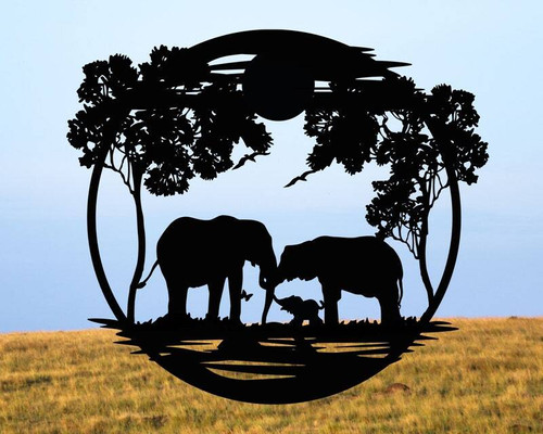 Elephant family silhouette metal wall sign, steel wildlife art for living room decor, modern minimalist safari theme. | Family Wall Decor