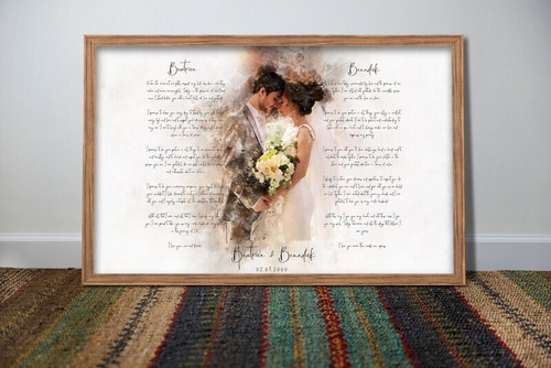 Watercolor couple portrait canvas with wedding vows, personalized names and date, a romantic 1st anniversary gift | Family Wall Decor