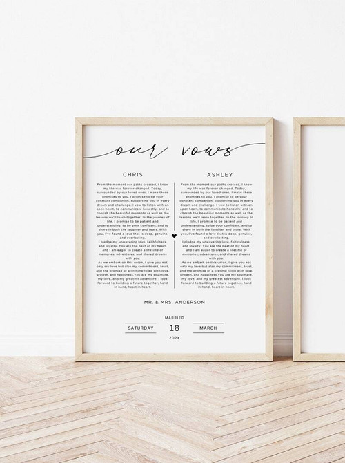 Custom wedding vow canvas wall art for couples, personalized vows in elegant script, romantic first anniversary gift | Family Wall Decor