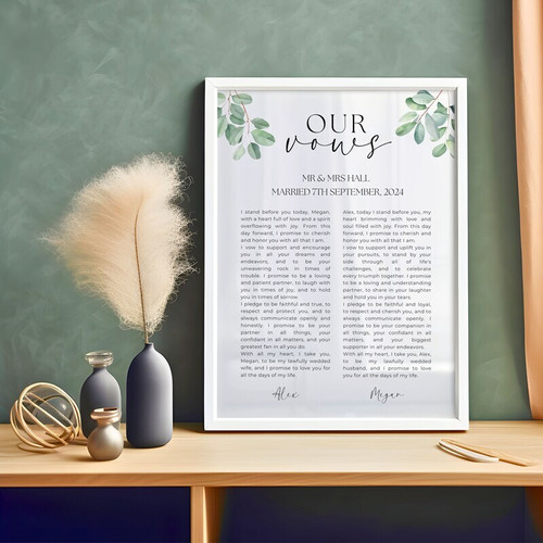 Wedding vow canvas print personalized with couple's names and date, portrait script design, thoughtful anniversary gift. | Family Wall Decor