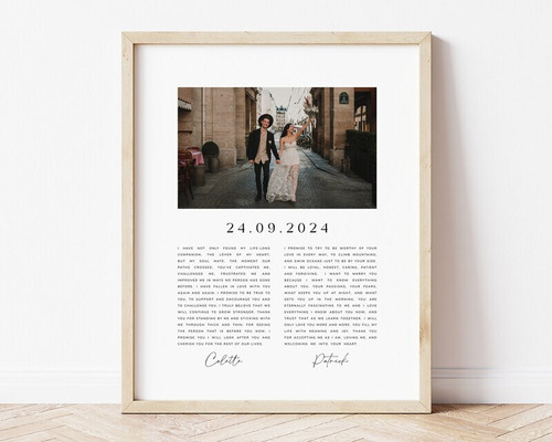 Personalized wedding vow canvas art with modern minimalist typography, custom names, date, anniversary gift for couples | Family Wall Decor