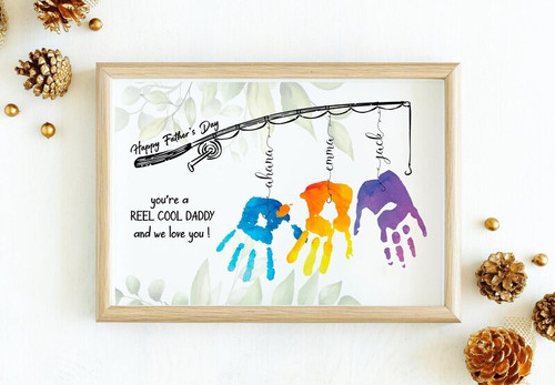Personalized fishing dad handprint canvas with kids' fish handprints, custom names and date; thoughtful Father's Day gift for Dad, Papa, Grandpa | Family Wall Decor