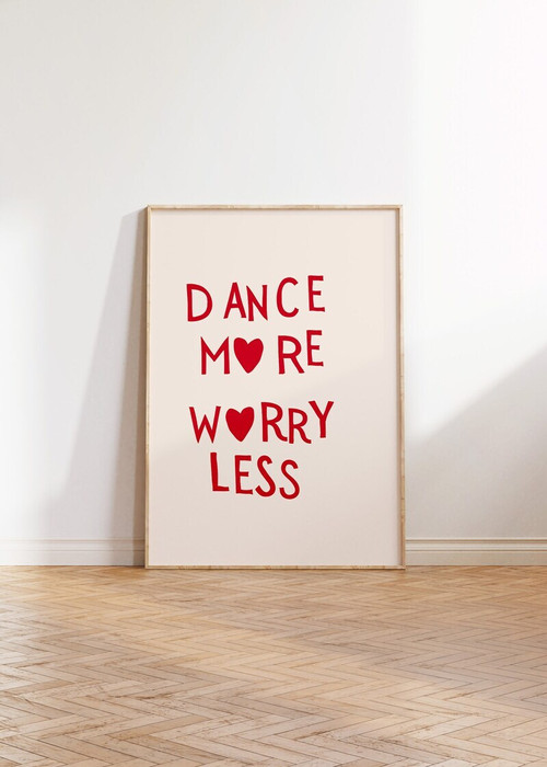 Dance More, Worry Less canvas wall art in minimalist black text on blush pink, portrait orientation for girls bedroom decor | Family Wall Decor