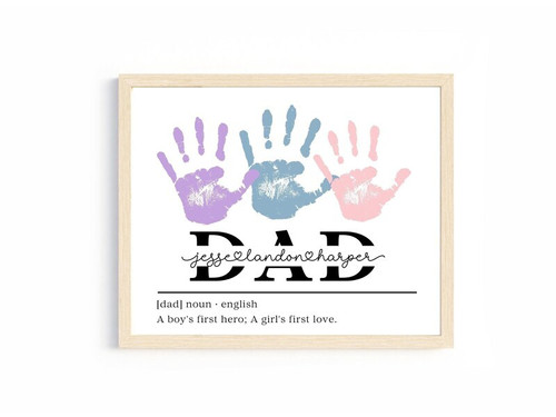 Dad handprint canvas personalized with children's names, layered parent-child handprints in navy; Father's Day gift | Familywalldecor