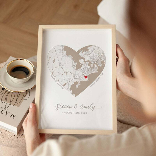 Couple milestones heart map canvas, personalized with names, dates, and locations; engagement gift art in a neutral palette. | Family Wall Decor