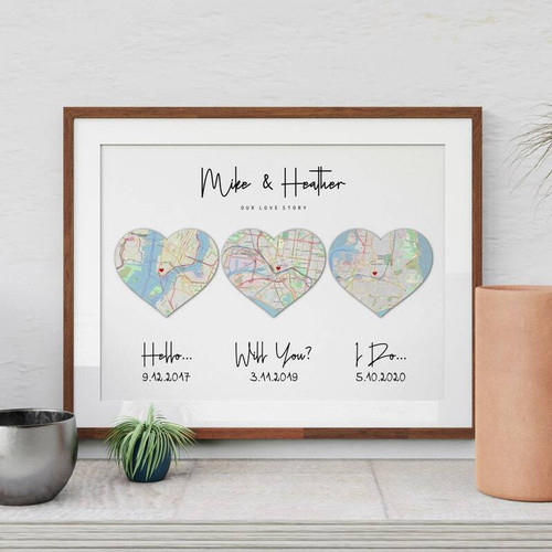Couple milestones 3-heart map canvas, personalized with names, dates, locations; anniversary gift for living room decor | Family Wall Decor