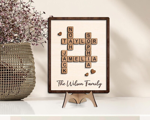 Family puzzle sign custom wall decor with interlocking pieces, engraved family names, perfect parents gift for living room. | Familywalldecor
