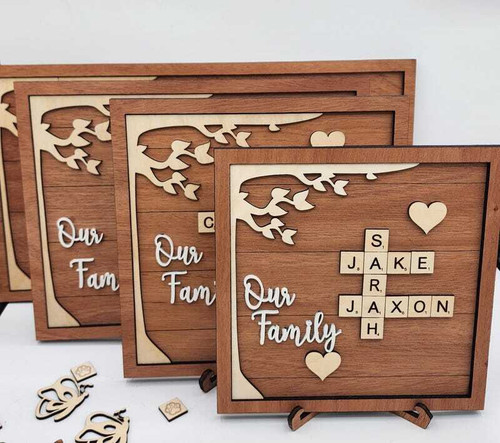 Personalized family puzzle wood sign with engraved names on interlocking pieces, rustic wall decor gift for Mom on Mother's Day | Family Wall Decor