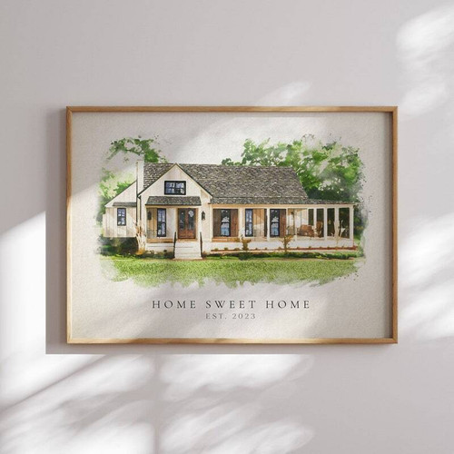 Home Sweet Home canvas wall art personalized house portrait with name and established date, gift for new homeowners | Family Wall Decor