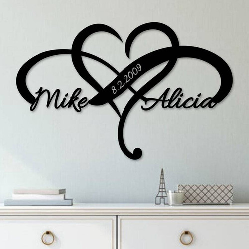 Infinity heart metal sign personalized with wedding date, romantic wall decor gift for newlywed couple, perfect for bedroom | Familywalldecor