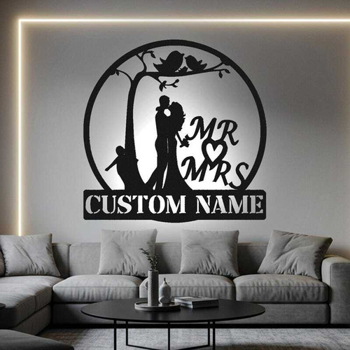 Mr & Mrs metal sign, personalized with family name and est. date in black powder-coated steel; wedding gift for newlyweds | Familywalldecor