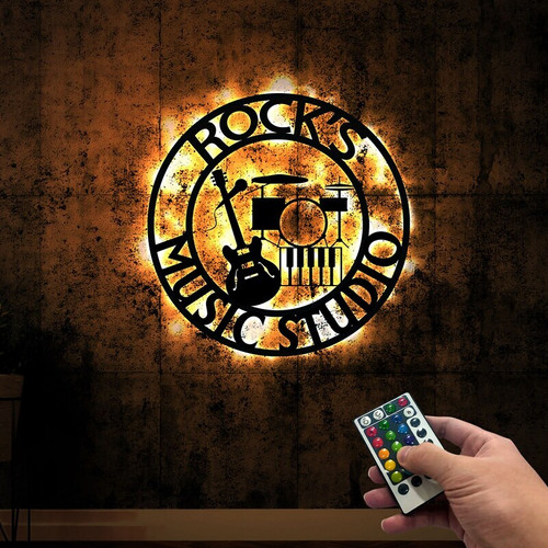 Music instruments metal wall art with LED lights, personalized with name, backlit decor for music room or studio wall. | Family Wall Decor