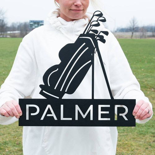 Golf name metal wall sign for Dad with golfer silhouette, personalized black steel, for sport-themed room decor | Familywalldecor