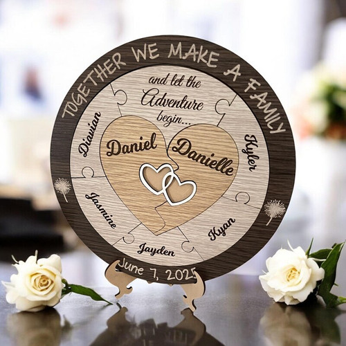 Wedding unity puzzle wood sign with custom family names and established date, rustic natural wood decor for ceremony display | Familywalldecor
